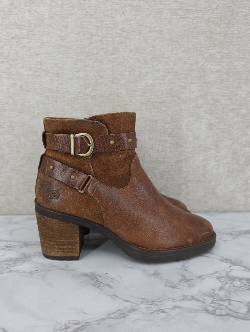 Born Derica Boots Brown Leather and Suede Heeled Ankle Booties